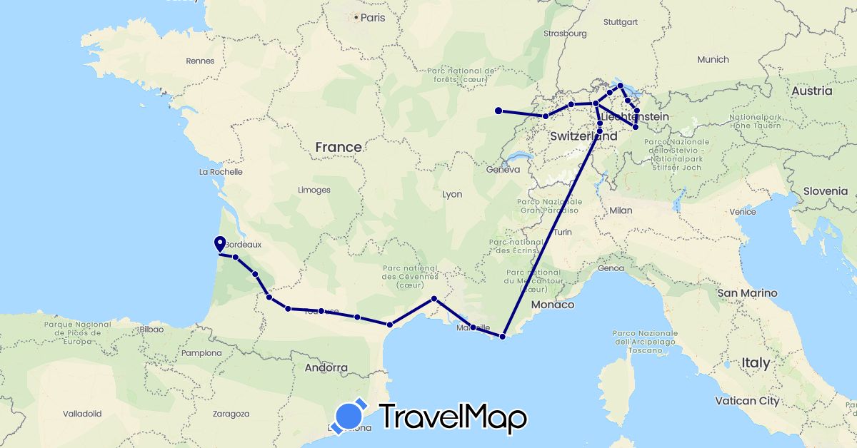 TravelMap itinerary: driving in Austria, Switzerland, Germany, France (Europe)